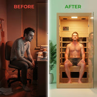 Far Infrared Sauna European Aspen Wood 1 Person Infrared Sauna for Home 905W Low EMF Mini Indoor Sauna with Bluetooth Speakers, Right Door — Before & After