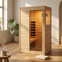 Far Infrared Sauna European Aspen Wood 1 Person Infrared Sauna for Home 905W Low EMF Mini Indoor Sauna with Bluetooth Speakers, Right Door — Studio Shot