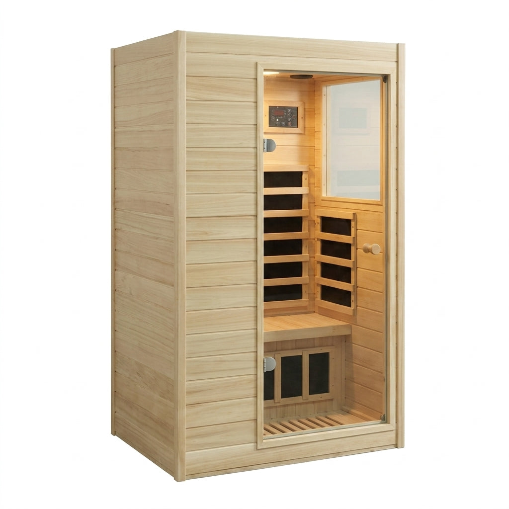 Far Infrared Sauna European Aspen Wood 1 Person Infrared Sauna for Home 905W Low EMF Mini Indoor Sauna with Bluetooth Speakers, Right Door — Studio Shot