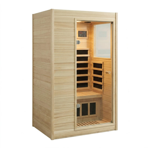 Far Infrared Sauna European Aspen Wood 1 Person Infrared Sauna for Home 905W Low EMF Mini Indoor Sauna with Bluetooth Speakers, Right Door — Studio Shot