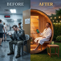 Outdoor Barrel Sauna Built for Home Heat Therapy, 4-6 Person Cedar, 9kW Electric Heater, Wi-Fi Control — Before & After