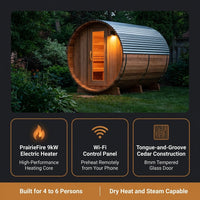 Outdoor Barrel Sauna Built for Home Heat Therapy, 4-6 Person Cedar, 9kW Electric Heater, Wi-Fi Control — Results & Stats