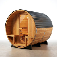 Outdoor Barrel Sauna Built for Home Heat Therapy, 4-6 Person Cedar, 9kW Electric Heater, Wi-Fi Control — Studio Shot