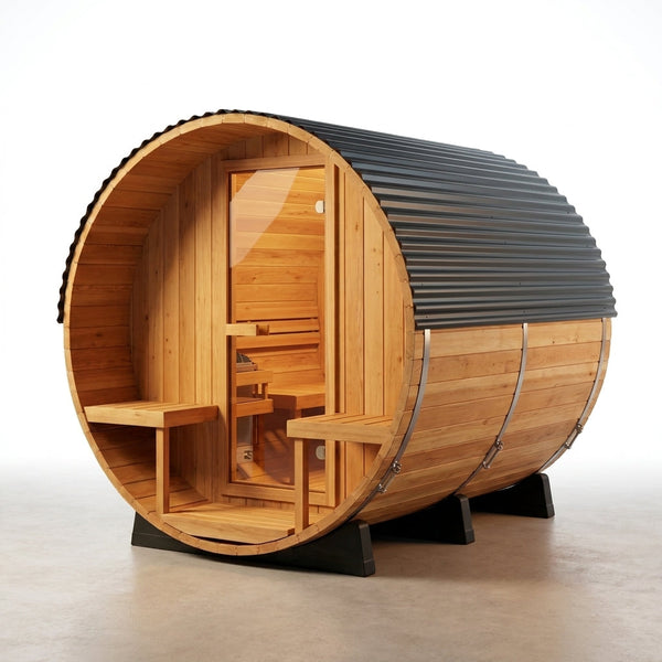 Outdoor Barrel Sauna Built for Home Heat Therapy, 4-6 Person Cedar, 9kW Electric Heater, Wi-Fi Control — Studio Shot
