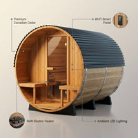Outdoor Barrel Sauna Built for Home Heat Therapy, 4-6 Person Cedar, 9kW Electric Heater, Wi-Fi Control — infographic