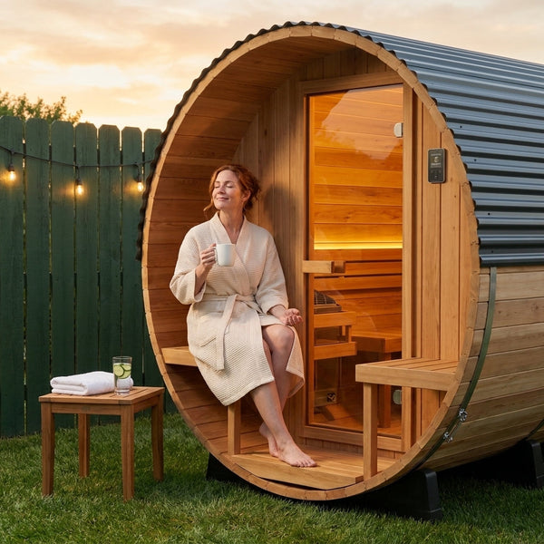 Outdoor Barrel Sauna Built for Home Heat Therapy, 4-6 Person Cedar, 9kW Electric Heater, Wi-Fi Control