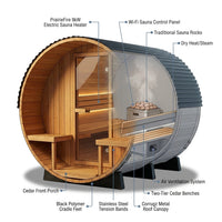 Outdoor Barrel Sauna Built for Home Heat Therapy, 4-6 Person Cedar, 9kW Electric Heater, Wi-Fi Control — How It Works