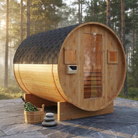 Outdoor Traditional Barrel Sauna | 4-6 Person Wood Sauna, Steam and Wet Sauna with 220V with 6KW Electric Heater, Sauna Stone — Studio Shot