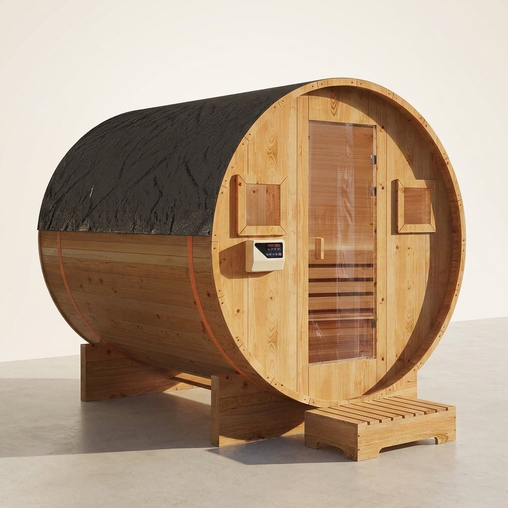 Outdoor Traditional Barrel Sauna | 4-6 Person Wood Sauna, Steam and Wet Sauna with 220V with 6KW Electric Heater, Sauna Stone — Studio Shot