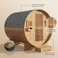 Outdoor Traditional Barrel Sauna | 4-6 Person Wood Sauna, Steam and Wet Sauna with 220V with 6KW Electric Heater, Sauna Stone — infographic