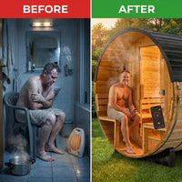 Paxton 4-6 Person Traditional Cedar Outdoor Barrel Sauna with Electric Sauna Heater, Front Porch, Sauna Rocks, Dry Heat, Steam Sauna, LED Lights, Wi-Fi Panel, Sauna Accessories — Before & After