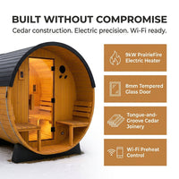 Paxton 4-6 Person Traditional Cedar Outdoor Barrel Sauna with Electric Sauna Heater, Front Porch, Sauna Rocks, Dry Heat, Steam Sauna, LED Lights, Wi-Fi Panel, Sauna Accessories — Results & Stats