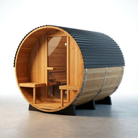 Paxton 4-6 Person Traditional Cedar Outdoor Barrel Sauna with Electric Sauna Heater, Front Porch, Sauna Rocks, Dry Heat, Steam Sauna, LED Lights, Wi-Fi Panel, Sauna Accessories — Studio Shot