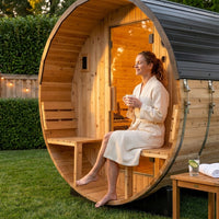 Paxton 4-6 Person Traditional Cedar Outdoor Barrel Sauna with Electric Sauna Heater, Front Porch, Sauna Rocks, Dry Heat, Steam Sauna, LED Lights, Wi-Fi Panel, Sauna Accessories — Lifestyle