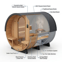 Paxton 4-6 Person Traditional Cedar Outdoor Barrel Sauna with Electric Sauna Heater, Front Porch, Sauna Rocks, Dry Heat, Steam Sauna, LED Lights, Wi-Fi Panel, Sauna Accessories — How It Works